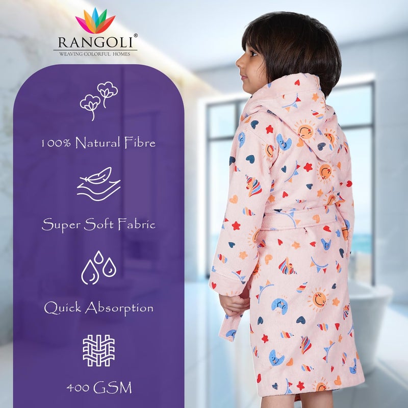 Rangoli 100% Cotton Kids Bathrobe, Peach, 9-10 Years - Image 2