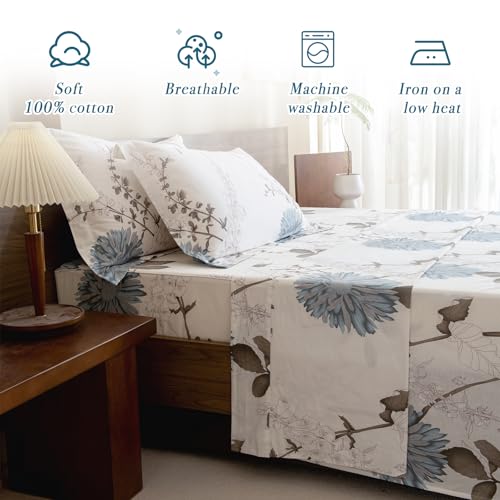 Lady Ann 100% Cotton Floral Queen Sheets Deep Pocket, Blue Flowers Printed on Off White Pattern Luxury Cotton Sheets for Queen Size Bed Extra Cozy Botanical Preppy Bed Sheets 4PCS Set - Image 2