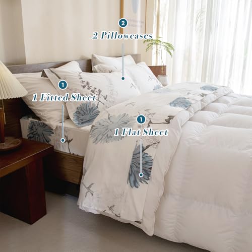 Lady Ann 100% Cotton Floral Queen Sheets Deep Pocket, Blue Flowers Printed on Off White Pattern Luxury Cotton Sheets for Queen Size Bed Extra Cozy Botanical Preppy Bed Sheets 4PCS Set - Image 5