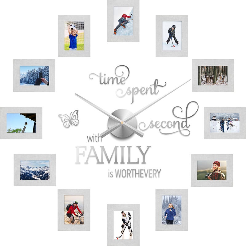 ساعة حائط عائلية كبيرة ثلاثية الأبعاد 5 إنش مع إطار صور ورقي DIY وزينة حديثة وملصقات اقتباسات عائلية للمنزل وغرفة المعيشة وغرفة النوم ومكتب الزينة باللون الفضي