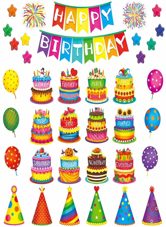 Gethelud 39 PCS Happy Birthday Bulletin Board Set, Colorful Birthday Decoration Cakes, Stars, Firework, Balloon, Party Hats Cut-Outs Classroom Decorations Birthday Party Supplies for Kids Teacher Student - Image 1