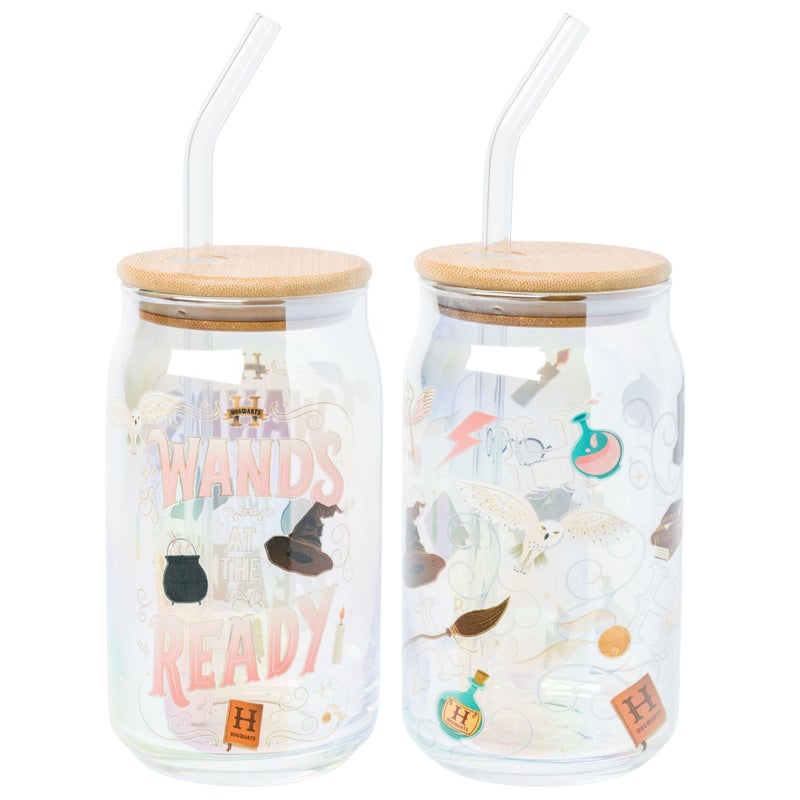 Silver Buffalo Harry Potter Iconic Icons Pattern Wands at the Ready 2 Pack Glass Jar Tumbler with Bamboo Lid and Glass Straw 16 Ounces - Image 2