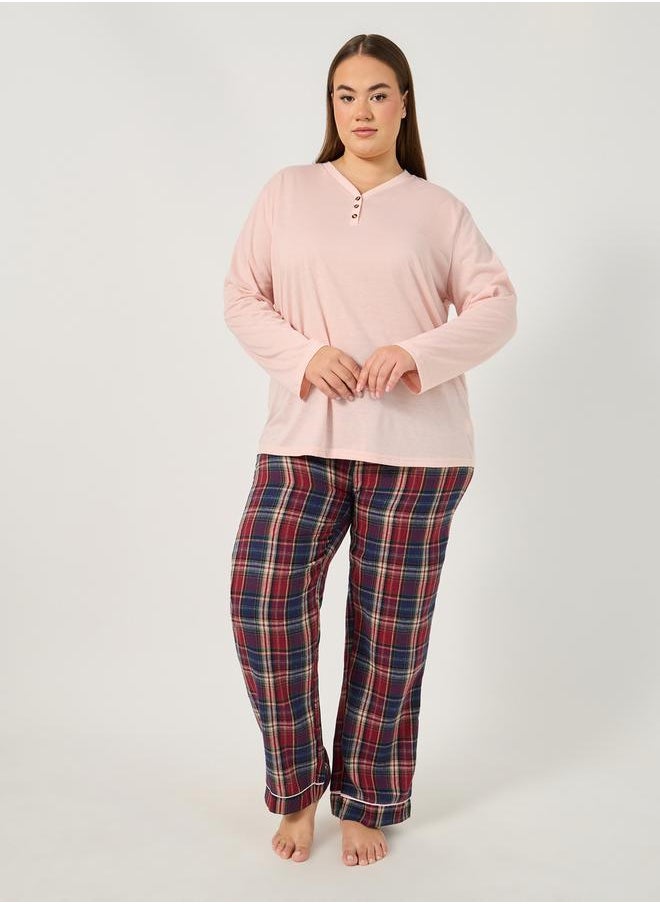 Styli Plus Size Long Sleeve T-Shirt and Checked Pyjama Set  - Image 1