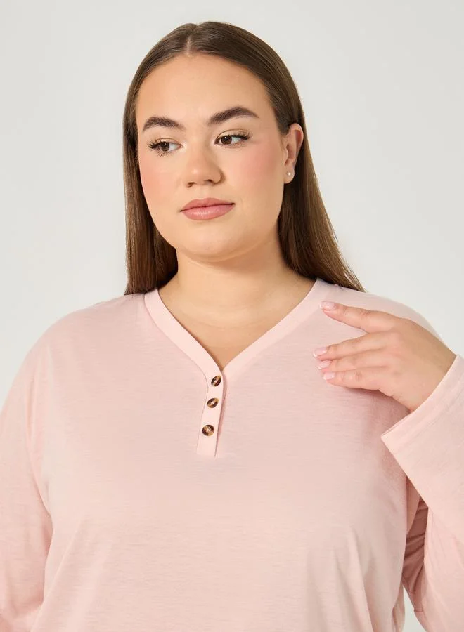 Styli Plus Size Long Sleeve T-Shirt and Checked Pyjama Set