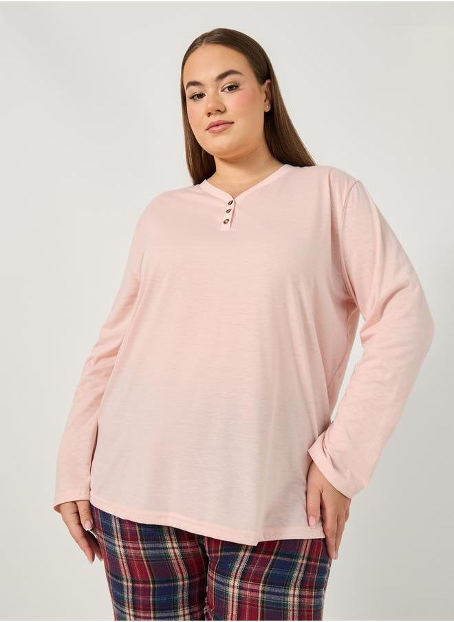 Styli Plus Size Long Sleeve T-Shirt and Checked Pyjama Set  - Image 2