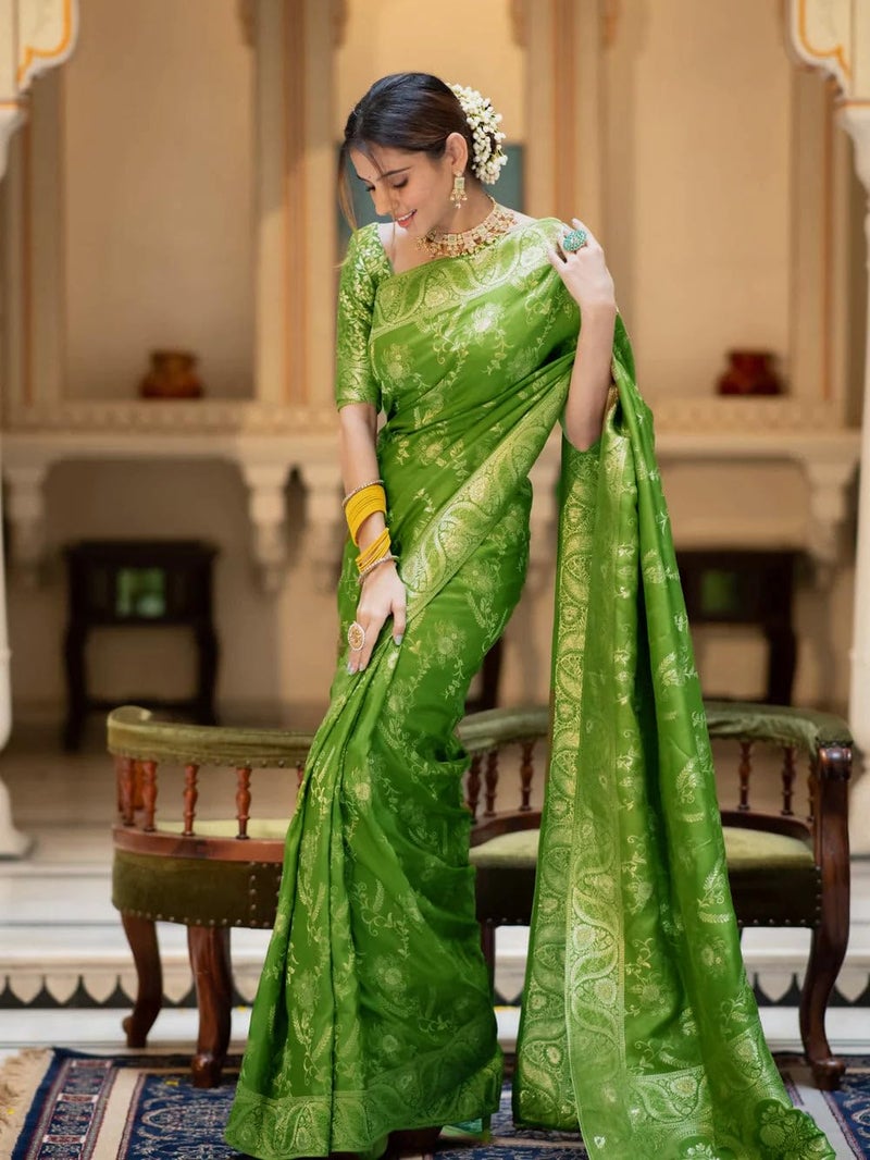 C J Enterprise Women's Pure Kanjivaram Silk Saree Soft Design With Blouse Piece For Wedding (Almari-55) (Mehendi Green) - Image 5