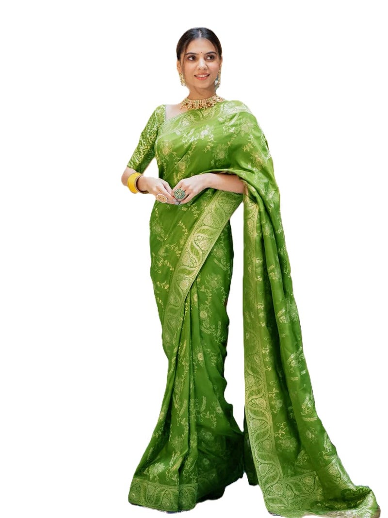 C J Enterprise Women's Pure Kanjivaram Silk Saree Soft Design With Blouse Piece For Wedding (Almari-55) (Mehendi Green) - Image 1