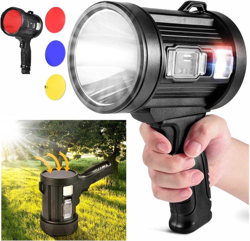 Jukmen Jukmen 90000 Lumens Spotlight Rechargeable Spotlight Flashlight with Tripod 6 Modes and 3 Colors Filter Super Bright Led Spot Lights Outdoor Handheld Solar Searchlight for Hunting  - Image 1