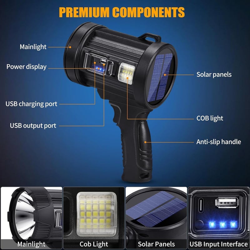 Jukmen Jukmen 90000 Lumens Spotlight Rechargeable Spotlight Flashlight with Tripod 6 Modes and 3 Colors Filter Super Bright Led Spot Lights Outdoor Handheld Solar Searchlight for Hunting  - Image 3