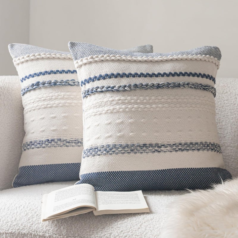 Cethom Boho Throw Pillow Covers 20x20 Inch Set of 2, Navy Blue Textured Decorative Couch Pillow Cases for Farmhouse Home Decor, Accent Cushion Cover for Sofa, Bed, Living Room, Bedroom - Image 1