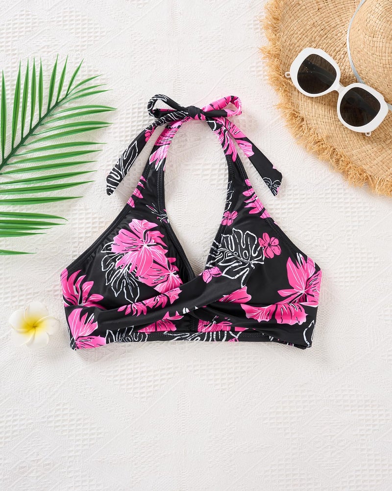 Holipick Pink Floral Women Halter Bikini Tops - Push Up Bathing Suit Top V Neck Full Coverage Swimsuit Top Only L - Image 3