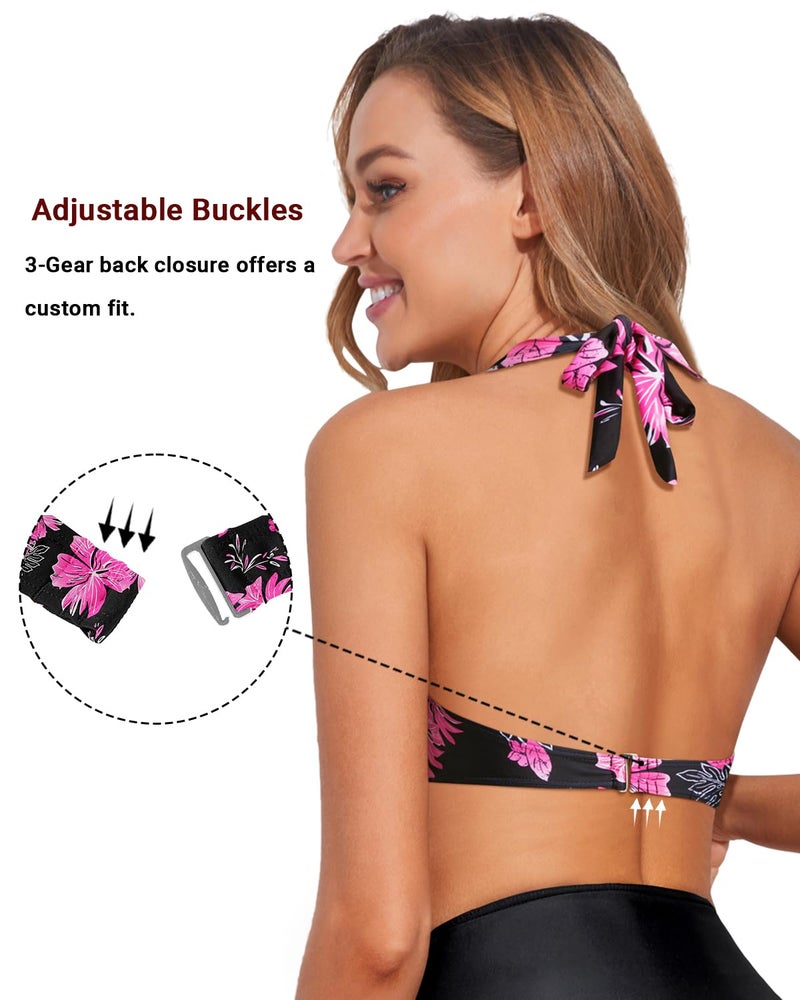Holipick Pink Floral Women Halter Bikini Tops - Push Up Bathing Suit Top V Neck Full Coverage Swimsuit Top Only L - Image 5