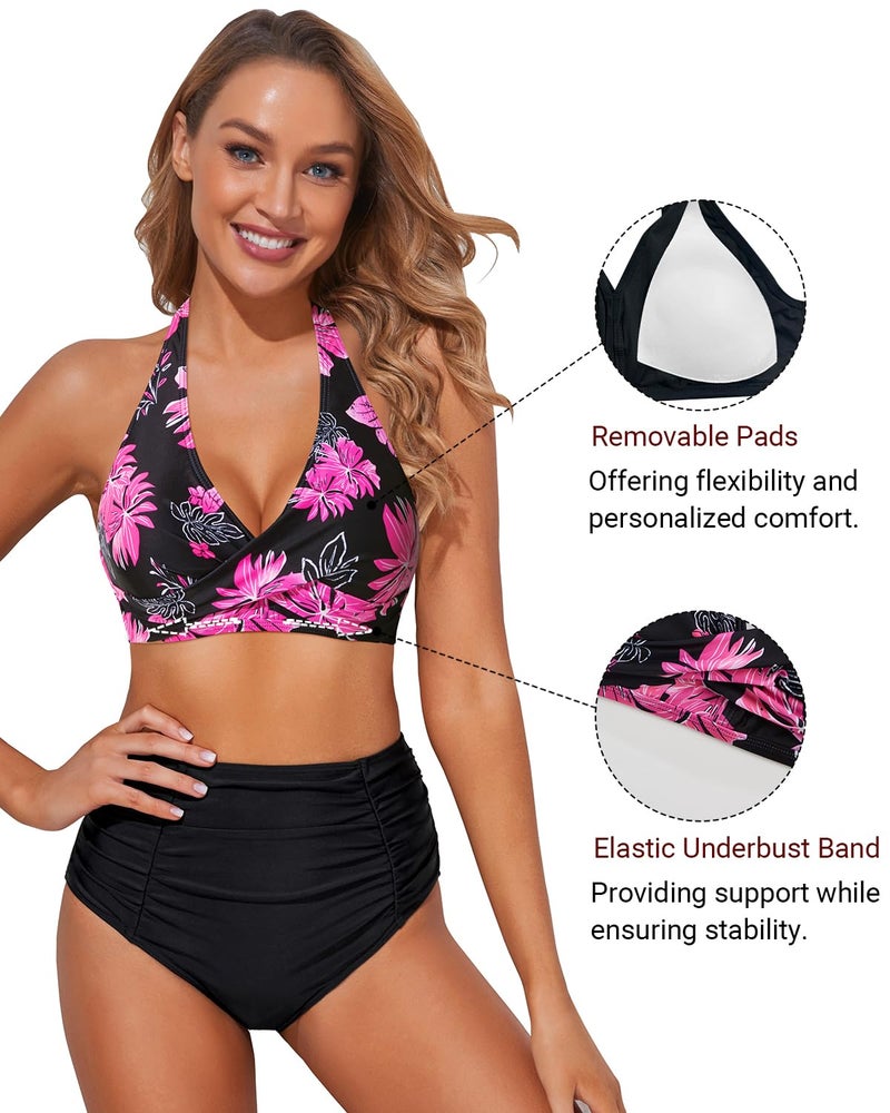 Holipick Pink Floral Women Halter Bikini Tops - Push Up Bathing Suit Top V Neck Full Coverage Swimsuit Top Only L - Image 4