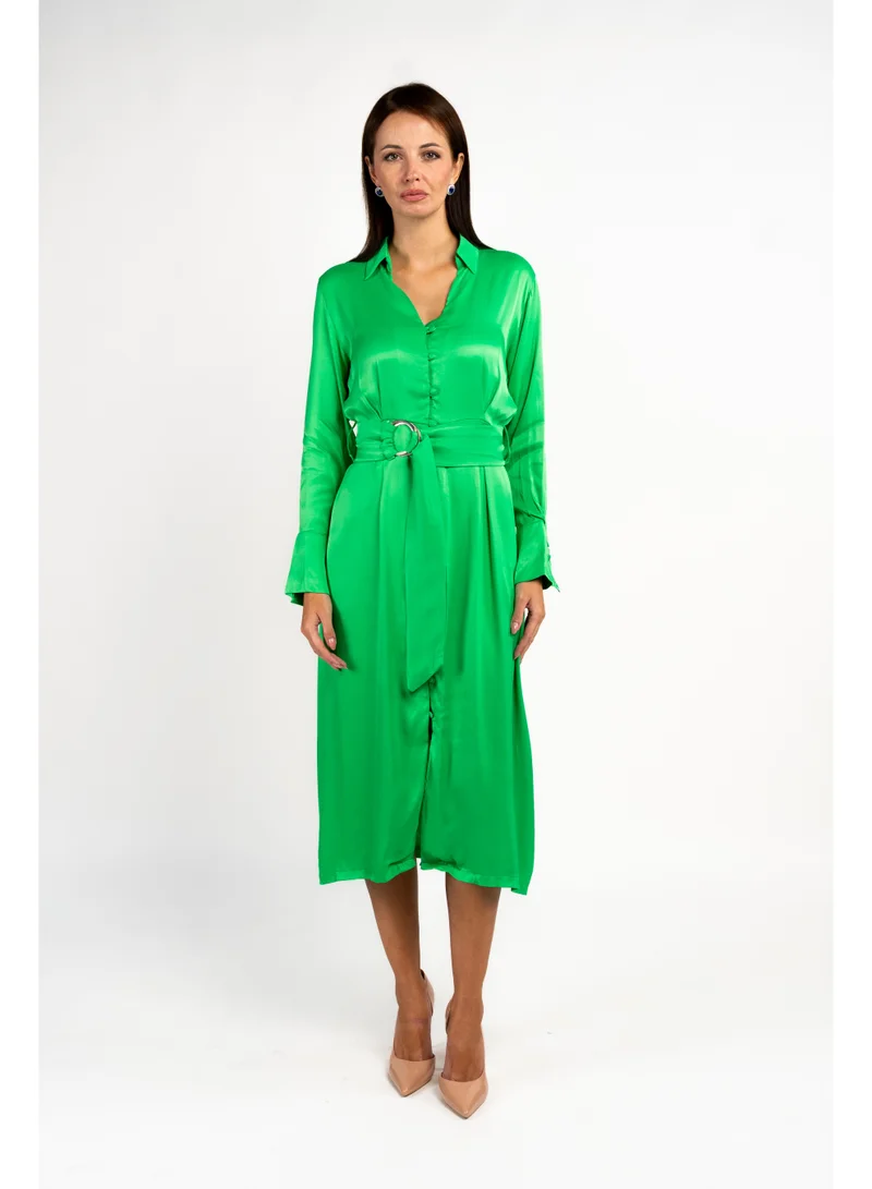 Fashonara  Silk Green Long Sleeved Collared Shirt Dress for Women | Best Price UAE