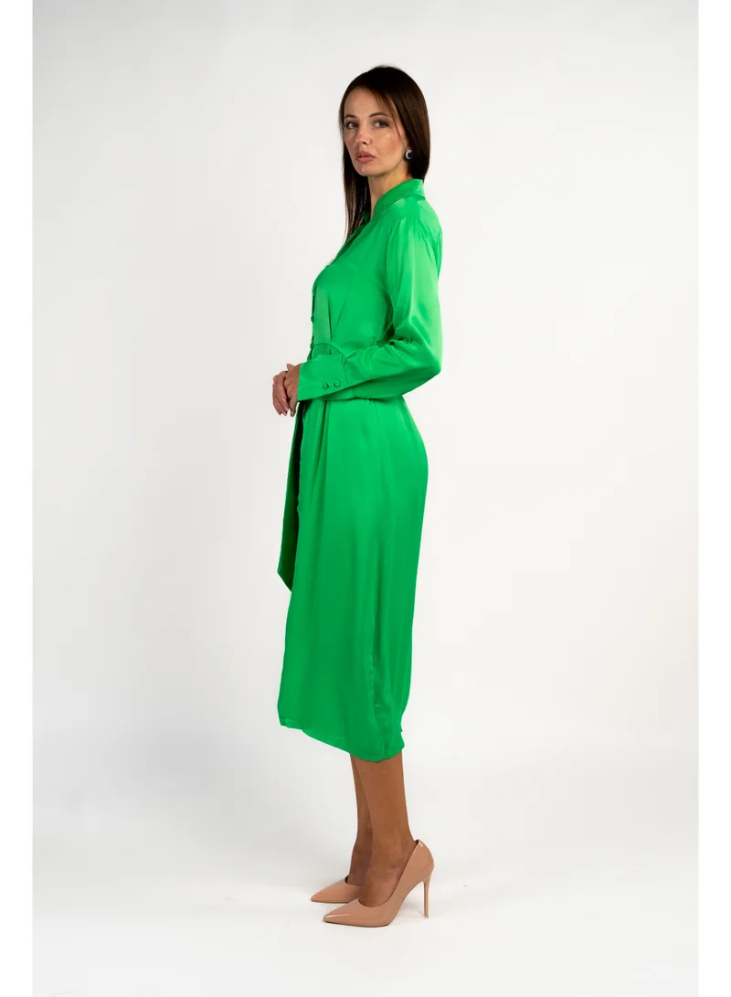 Fashonara  Silk Green Long Sleeved Collared Shirt Dress for Women | Best Price UAE