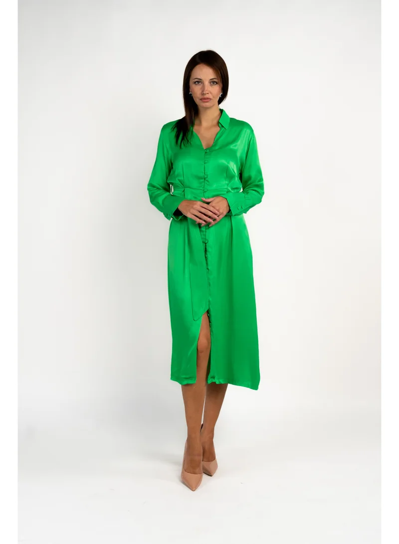 فاشونارا فستان قميص حريري باللون الأخضر بأكمام طويلة وياقة
