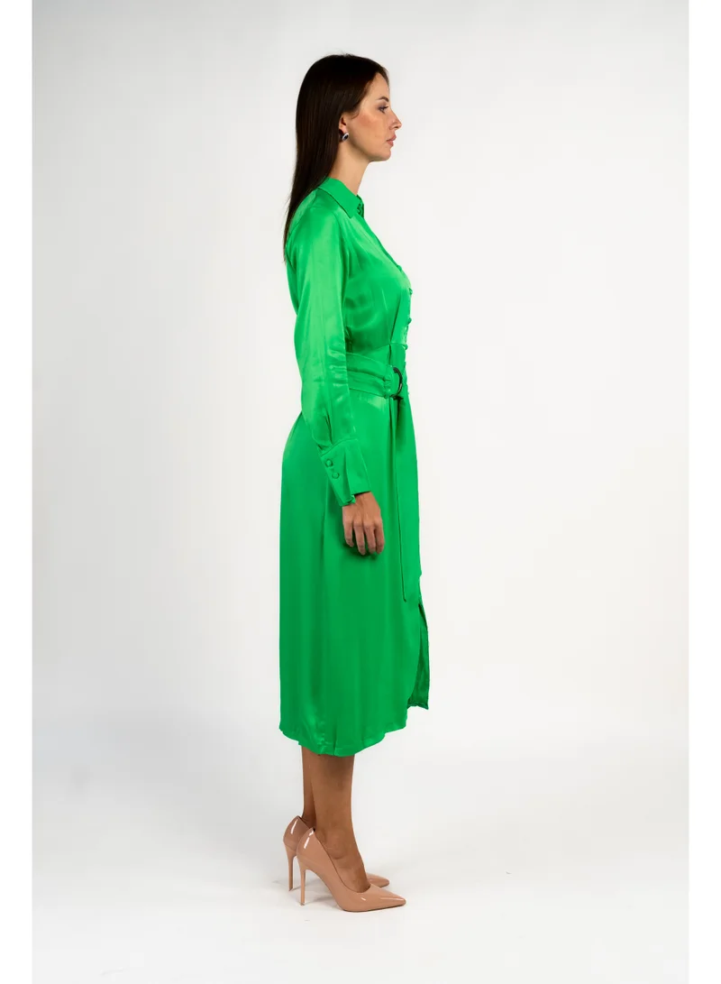 Fashonara  Silk Green Long Sleeved Collared Shirt Dress for Women | Best Price UAE