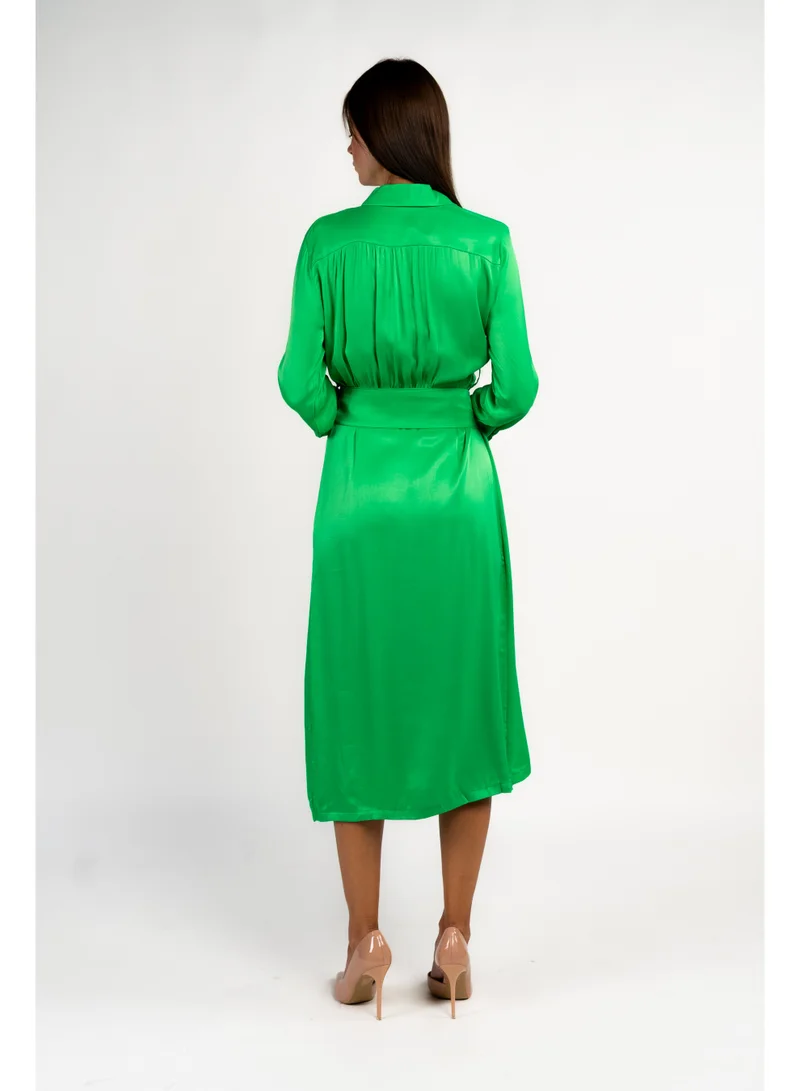 فاشونارا فستان قميص حريري باللون الأخضر بأكمام طويلة وياقة