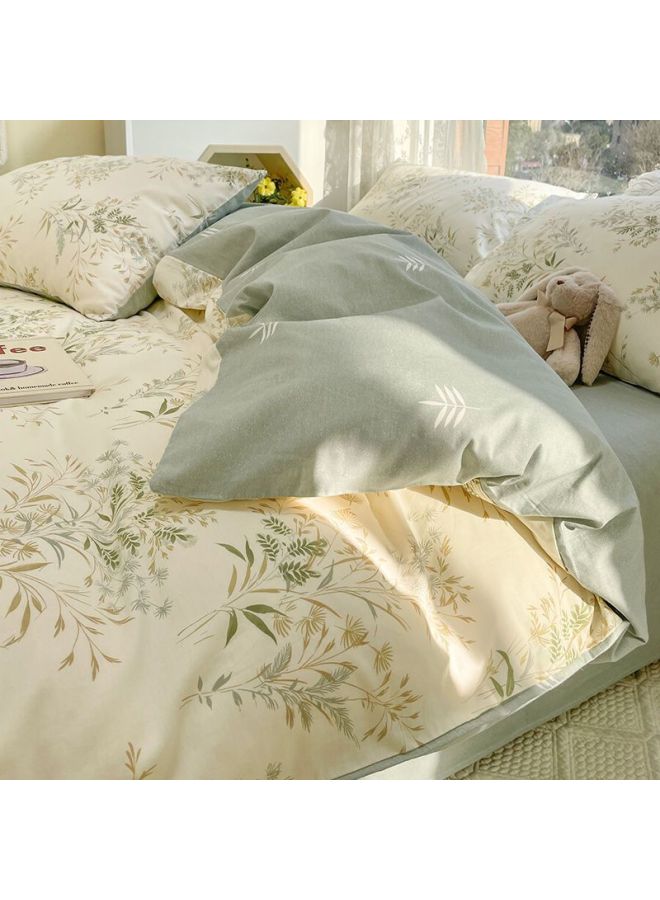 Washed Cotton Four-piece Quilt Cover Single Bedding Student Dormitory Quilt Quilt Cover Sanding Three-piece Bed Sheet Person-Color:Fairy Grass-Specifications:180x220cm - Image 1