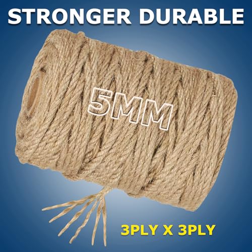 Vanhench Jute Rope 5MM (1/5 inch) 100 ft 6Ply Twisted Heavy Duty and Thick Twine Rope Bulk for Crafts Projects Cat Scratcher Post Tree Gift Wrapping Arts & Crafts Home Decoration Packing Christmas - Image 2