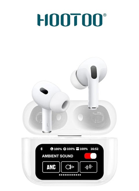 HOOTOO In-Ear Bluetooth Airbuds Pro EP-74 with clear sound and built-in microphone for calls, with charging case with Type-C port, equipped with a touch control screen and supports a special app for control, supports wireless charging. In white