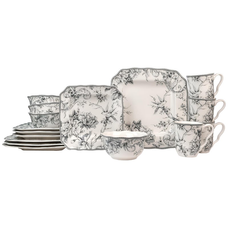 222 Fifth Adelaide 16-Piece Square Floral Dinnerware Set â€“ Service for 4, Grey & White Porcelain Plates & Bowls, for Everyday Dining & Entertainment, Microwave & Dishwasher Safe, Chip Resistant - Image 1