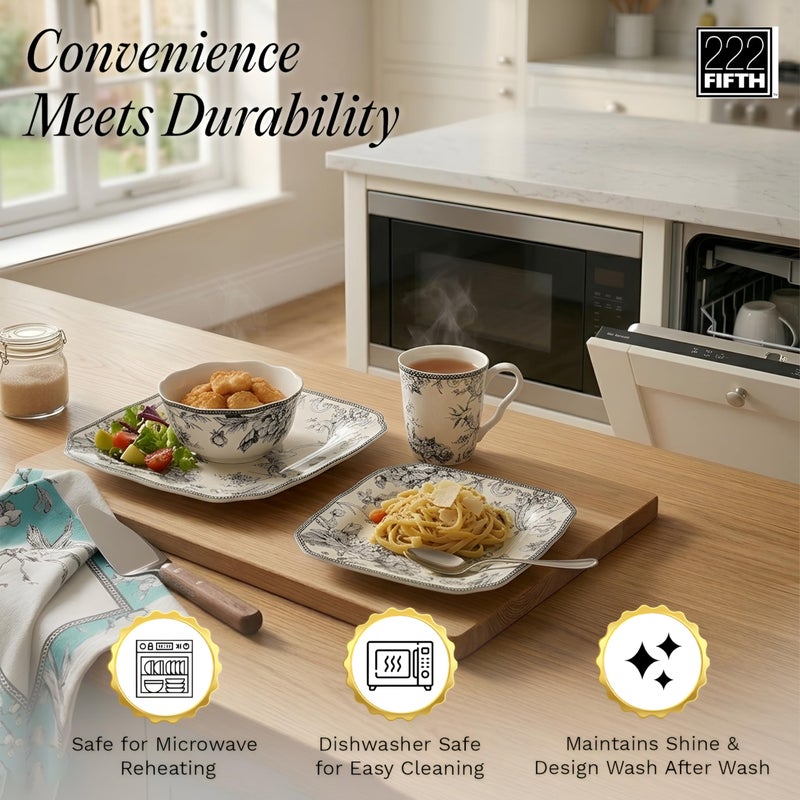 222 Fifth Adelaide 16-Piece Square Floral Dinnerware Set â€“ Service for 4, Grey & White Porcelain Plates & Bowls, for Everyday Dining & Entertainment, Microwave & Dishwasher Safe, Chip Resistant - Image 4