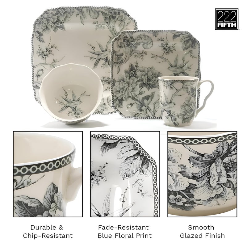 222 Fifth Adelaide 16-Piece Square Floral Dinnerware Set â€“ Service for 4, Grey & White Porcelain Plates & Bowls, for Everyday Dining & Entertainment, Microwave & Dishwasher Safe, Chip Resistant - Image 5