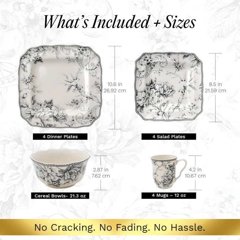 222 Fifth Adelaide 16-Piece Square Floral Dinnerware Set â€“ Service for 4, Grey & White Porcelain Plates & Bowls, for Everyday Dining & Entertainment, Microwave & Dishwasher Safe, Chip Resistant - Image 2