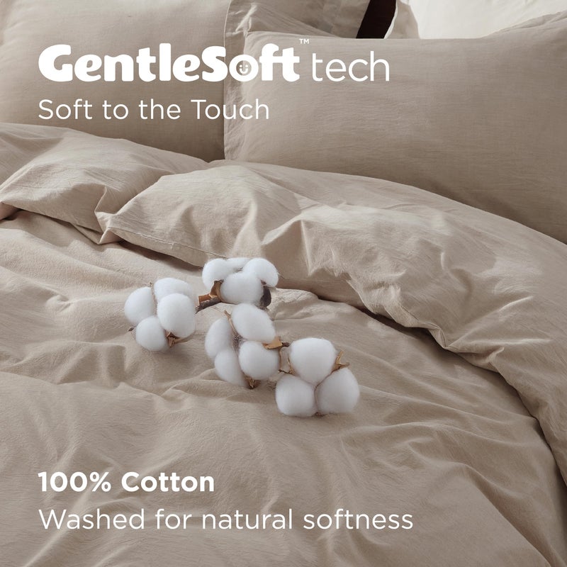Bedsure 100% Washed Cotton Duvet Cover Queen Size - Frosted Almond Minimalist Cotton Duvet Cover Linen Like for All Seasons - GentleSoftâ„¢ Plain Simple Bedding, Frosted Almond, Queen, 90"x90" - Image 3