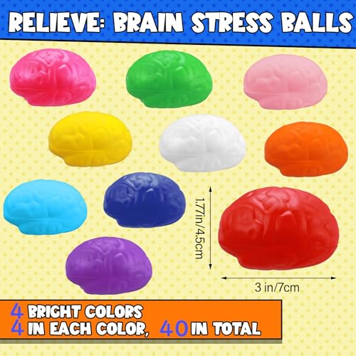 Kasyat 40 Pcs Brain Stress Ball 3 Colorful Large Brain Shaped Stress Ball Bulk Halloween Party PU Hand Muscle Exercise Pressure Prop for Adult Improving Grip Strength Object Recognition Prop Mold - Image 5