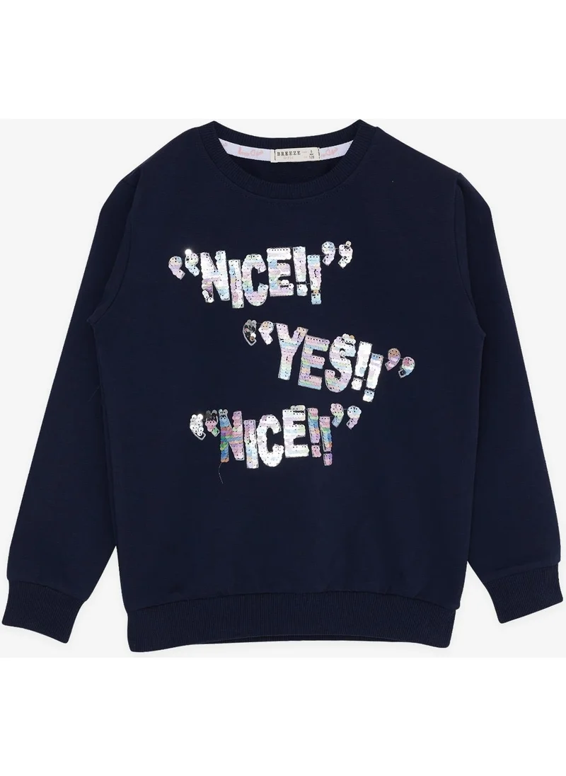 بريز Girl's Sweatshirt Sequined Text Printed 8-14 Years, Navy Blue