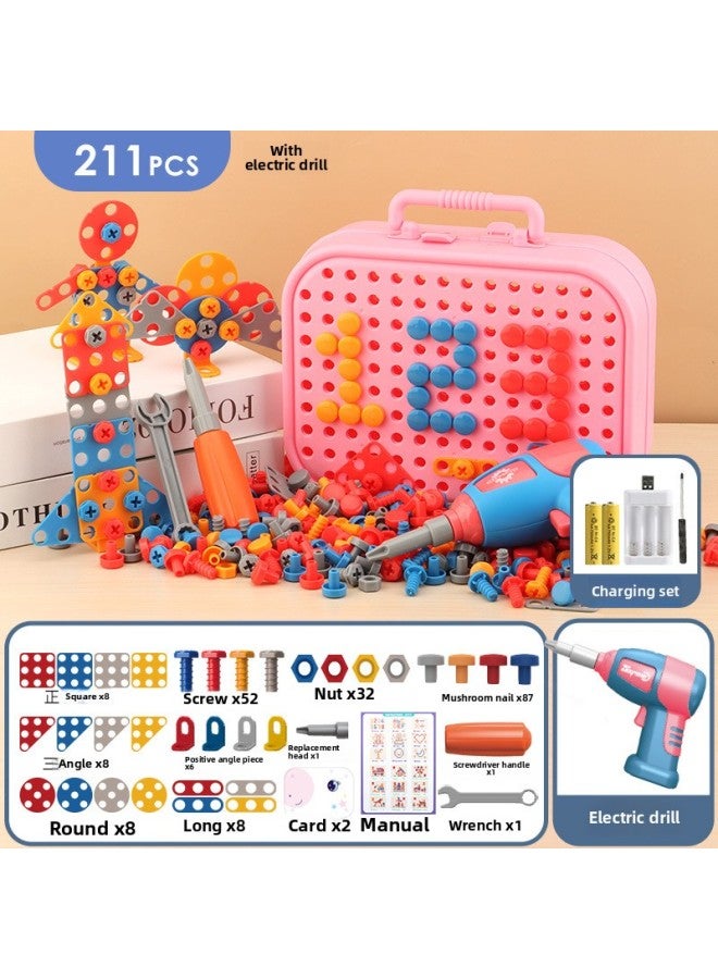 Loquat Children's Toys Screw Baby Puzzle Toolbox Suit Assembly Disassembly Repair Electric Drill Boy Screw-Color:【charging Set】 Unicorn Tool Box 211-piece Set + Electric Drill Screwdriver - Image 1