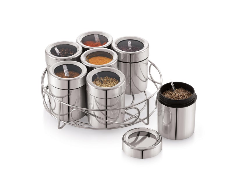 TOSAA STAINLESS STEEL MASALA DABA WITH STAND,Spice Container,| Set Of 7 Containers With Steel Stand - Image 1