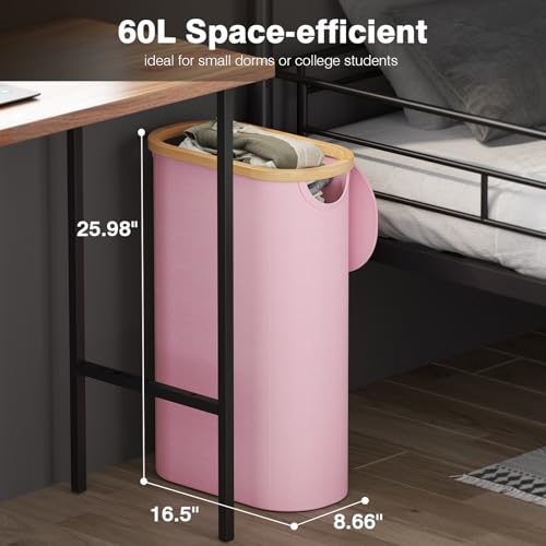Bathola Slim Laundry Hamper with Lid, 60L Small Laundry Basket with Handles&Removable Bag, Thin Dirty Clothes Hampers for Laundry, Narrow Laundry Hampers for Bedroom Aesthetic, Pink - Image 2