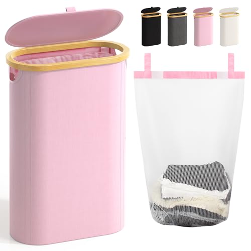 Bathola Slim Laundry Hamper with Lid, 60L Small Laundry Basket with Handles&Removable Bag, Thin Dirty Clothes Hampers for Laundry, Narrow Laundry Hampers for Bedroom Aesthetic, Pink - Image 1