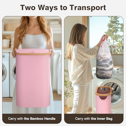 Bathola Slim Laundry Hamper with Lid, 60L Small Laundry Basket with Handles&Removable Bag, Thin Dirty Clothes Hampers for Laundry, Narrow Laundry Hampers for Bedroom Aesthetic, Pink - Image 3