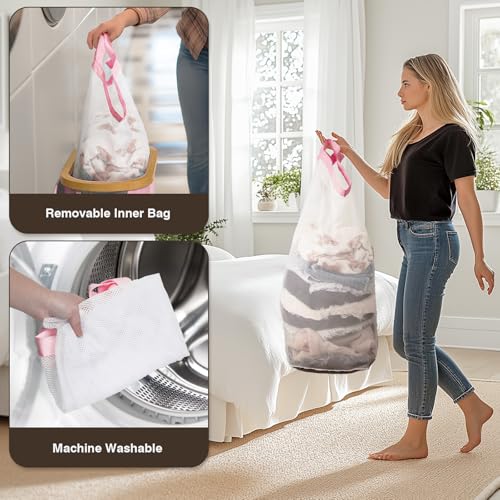 Bathola Slim Laundry Hamper with Lid, 60L Small Laundry Basket with Handles&Removable Bag, Thin Dirty Clothes Hampers for Laundry, Narrow Laundry Hampers for Bedroom Aesthetic, Pink - Image 5