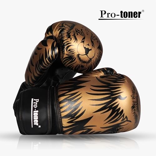 Protoner Pro-Toner Boxing Gloves, Red and Black Tiger Print Design, Faux Leather, for Men and Women (Golden/Black, 16 oz) - Image 2