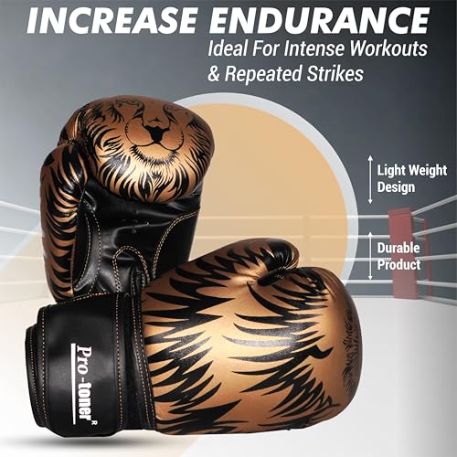 Protoner Pro-Toner Boxing Gloves, Red and Black Tiger Print Design, Faux Leather, for Men and Women (Golden/Black, 16 oz) - Image 3