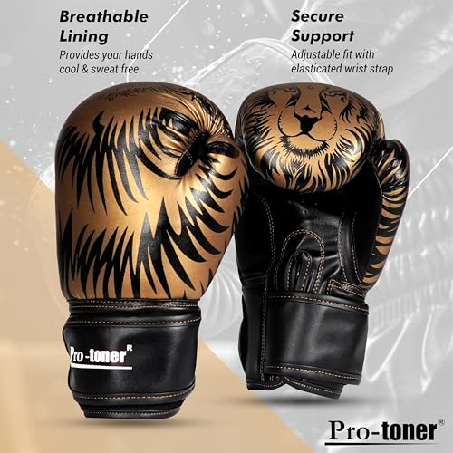 Protoner Pro-Toner Boxing Gloves, Red and Black Tiger Print Design, Faux Leather, for Men and Women (Golden/Black, 16 oz) - Image 5