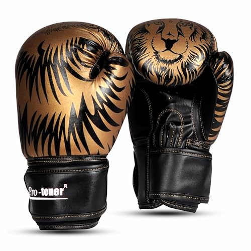 Protoner Pro-Toner Boxing Gloves, Red and Black Tiger Print Design, Faux Leather, for Men and Women (Golden/Black, 16 oz) - Image 1