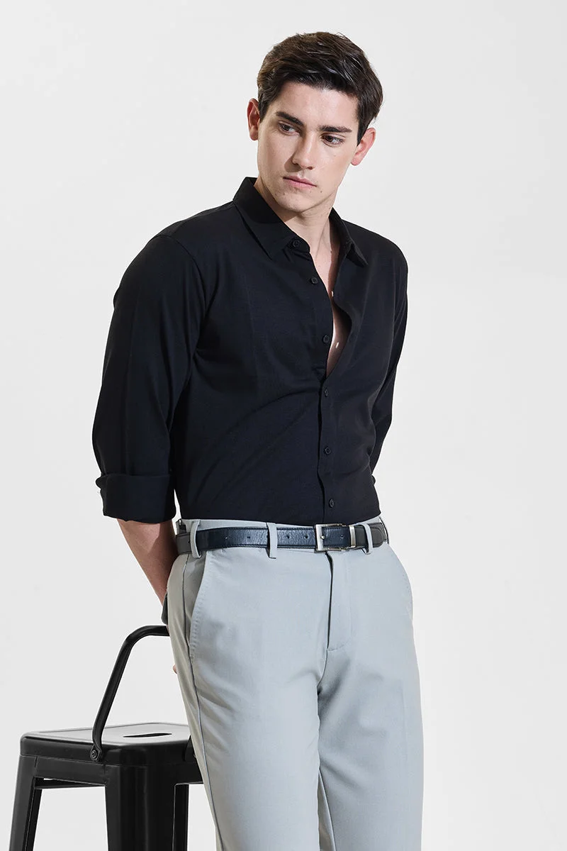 سنيتش Jet Black Solid Long Sleeve Slim Fit Formal Shirt