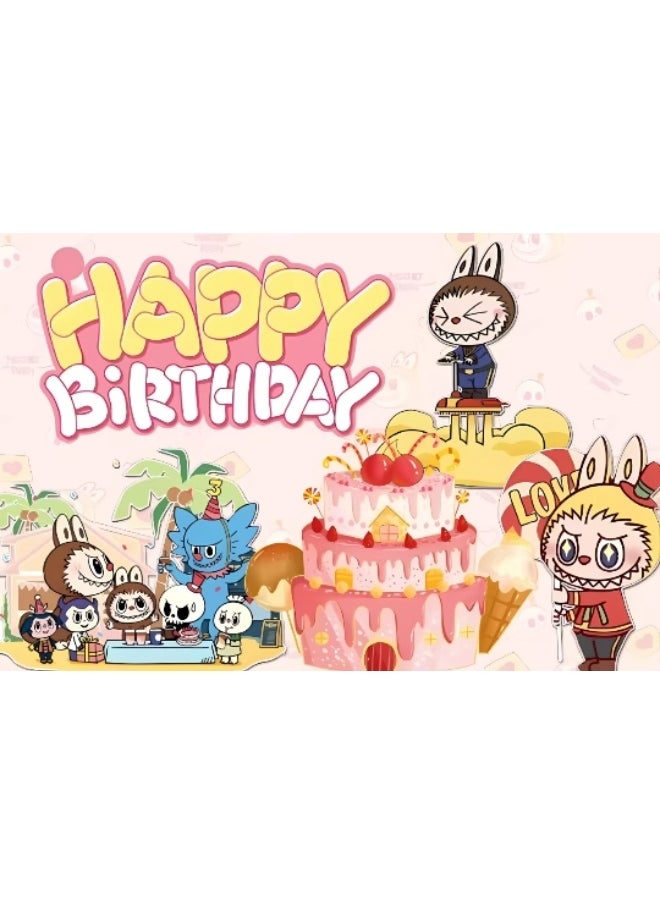 LABUBU Cartoon pattern LABUBU birthday party background decoration cloth suitable for children's birthday photography supplies background photo props (size 150cmx100cm)  - Image 4