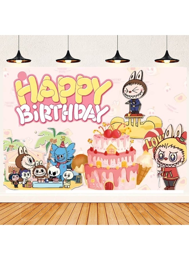 LABUBU Cartoon pattern LABUBU birthday party background decoration cloth suitable for children's birthday photography supplies background photo props (size 150cmx100cm)  - Image 1