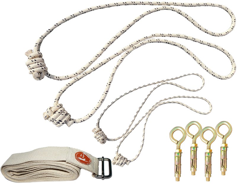 The Yogis Iyengar Wall Yoga Ropes full Set of - 4 Ropes (2 Long, 2 Small) With 1 Yoga Belt And 4 Wall Hook Fasteners - Image 1