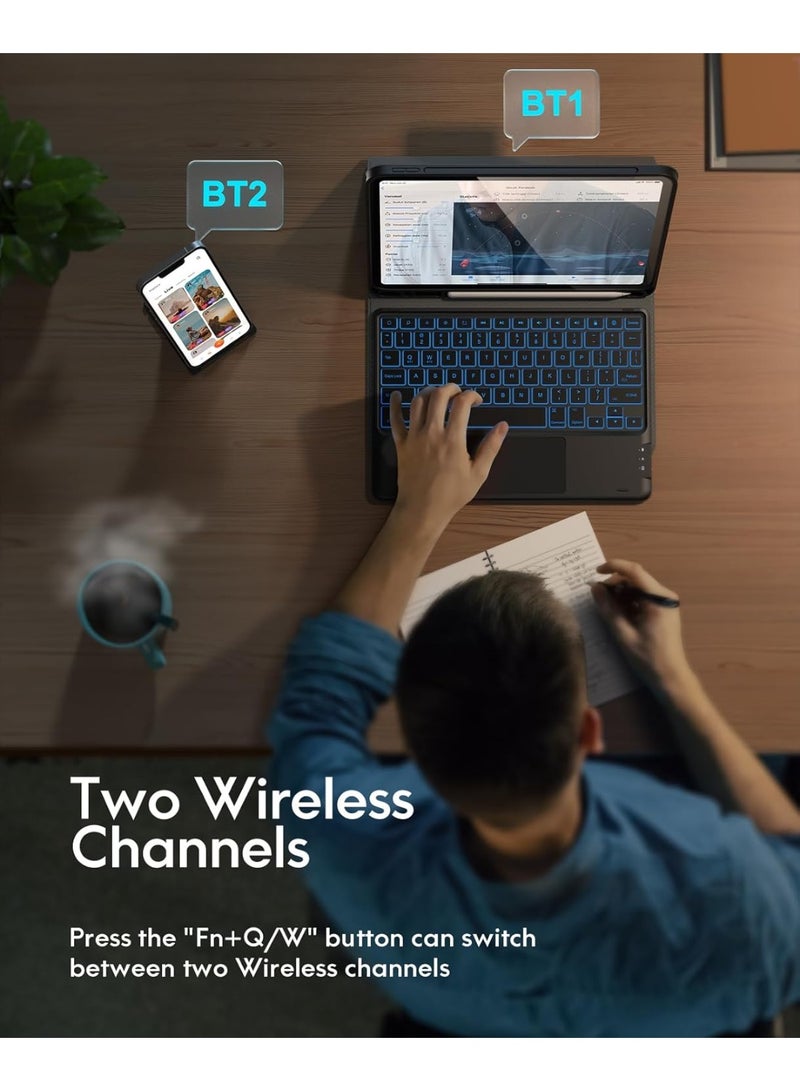 جراب كيبورد عربي/إنجليزي لآيباد Air مقاس 11 إنش M3/M2 (2025/2024)، وآيباد Pro مقاس 11 إنش (الجيل الرابع/الثالث/الثاني/الأول) و iPad Air الجيل الخامس/الرابع، بإضاءة خلفية 7 ألوان، لوحة لمس متعددة اللمس، جراب بستاند قابل للطي مع حامل قلم، قناتان لاسلكيتان، لون أسود - Image 5