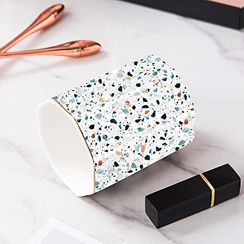 LEAZUL Pen Holder, Makeup Brush Holder Ceramic Shiny Gold Terrazzo Marble Stone Pattern Pencil Cup for Girls Kids Women Durable Stand Desk Organizer Storage Gift for Office, Classroom, Home Light Blue - Image 5
