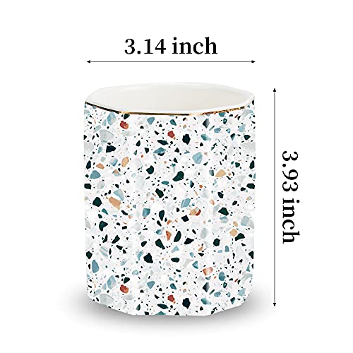 LEAZUL Pen Holder, Makeup Brush Holder Ceramic Shiny Gold Terrazzo Marble Stone Pattern Pencil Cup for Girls Kids Women Durable Stand Desk Organizer Storage Gift for Office, Classroom, Home Light Blue - Image 2