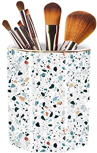 LEAZUL Pen Holder, Makeup Brush Holder Ceramic Shiny Gold Terrazzo Marble Stone Pattern Pencil Cup for Girls Kids Women Durable Stand Desk Organizer Storage Gift for Office, Classroom, Home Light Blue - Image 1